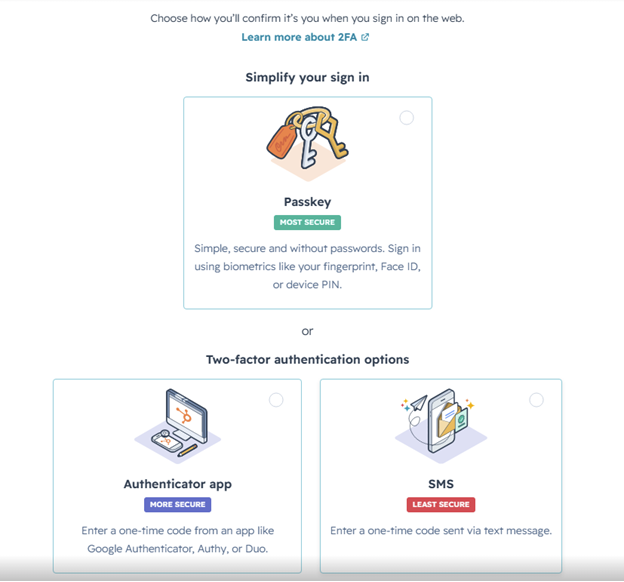 HubSpot two-factor authentication setup screen with passkey, authenticator app and SMS options – HubSpot Agency Sydney