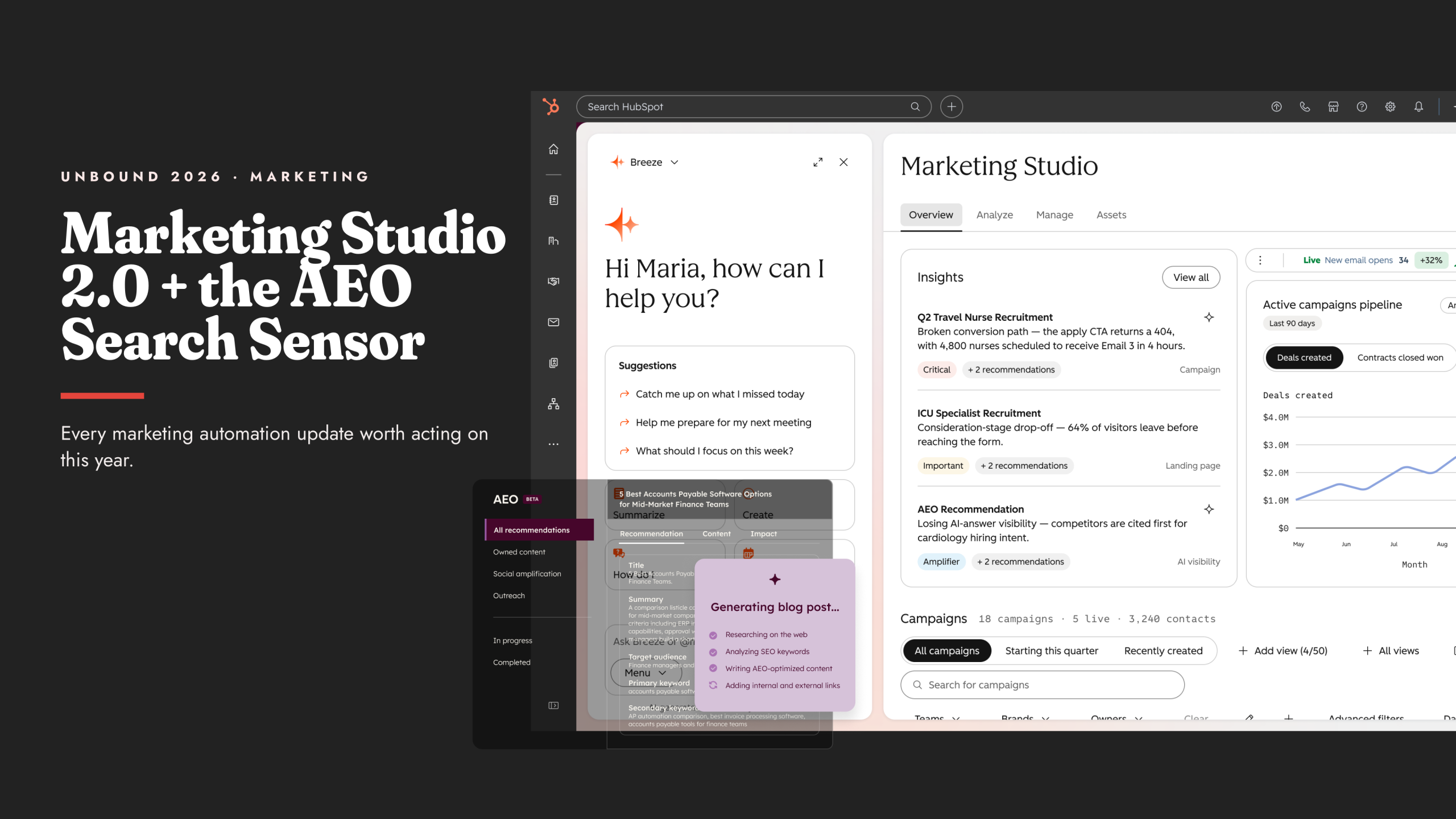 Unbound 2026 HubSpot marketing automation updates: Marketing Studio 2.0 overview dashboard with Breeze AI assistant and AEO Search Sensor recommendations.