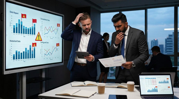 Executives reviewing flagged data inconsistencies across CRM reports, a sign a business needs CRM optimisation services.