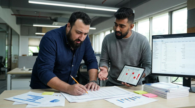 Team reviewing error flags on a tablet next to a CRM contact record, highlighting the need for CRM optimisation services.