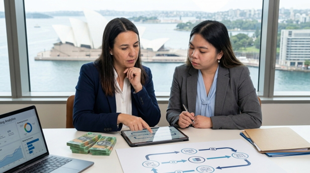 Marketing automation agency consultants reviewing marketing analytics and a workflow automation diagram for a HubSpot client.