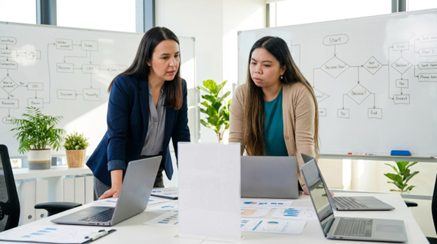 Consultants planning a HubSpot onboarding workflow, reviewing process flowcharts and reports across laptops at a conference table.