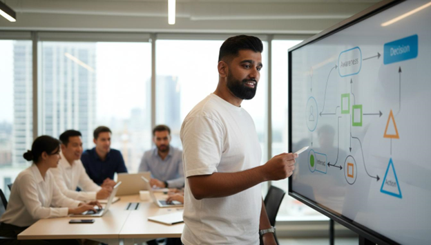 Marketing team reviewing a customer journey funnel from awareness to decision for B2B lead generation – HubSpot Consultant Melbourne