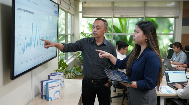 Team measuring CRM adoption by reviewing an active user trend chart, with CRM software licenses displayed beside the screen.