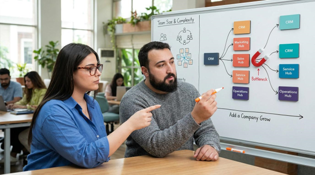 Consultants discussing HubSpot features and how CRM, Marketing Hub, Sales Hub, Service Hub, and Operations Hub connect as a company grows.