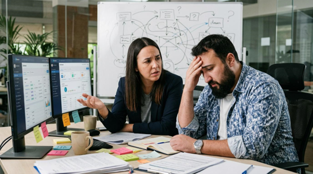 Team overwhelmed by messy customer data processes and unclear workflows, a sign a business needs CRM optimisation services.