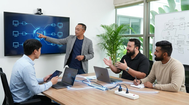 Sales team presenting a connected systems diagram, illustrating how HubSpot ecosystem tools integrate for sales workflows.