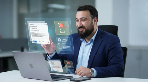 Sales rep beside a floating sales pipeline dashboard showing contacts, alerts, and automated email tools, part of the HubSpot ecosystem for sales.