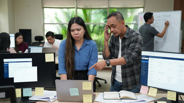 Team troubleshooting a cluttered, disorganized CRM dashboard, a common sign CRM optimisation service are needed.